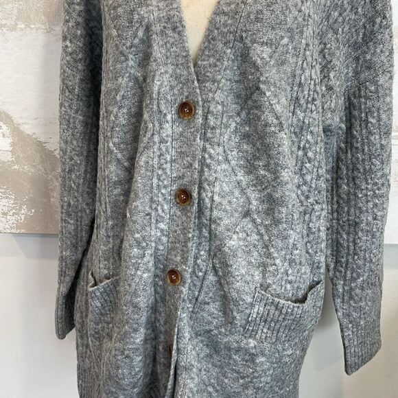 Minnie Rose Women's White Cable Knit Wool Blend Cardigan 2 pockets - Picture 2 of 4